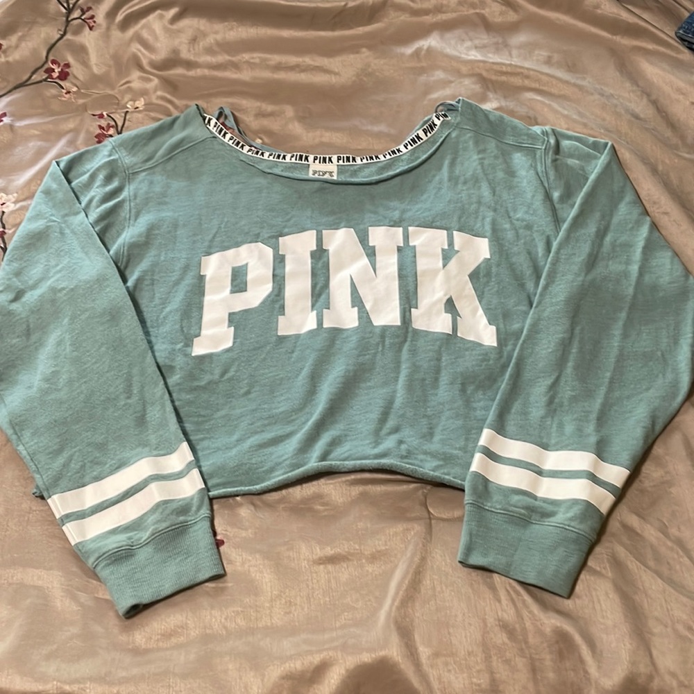 PINK Victoria’s Secret Green and White Off Shoulder Crop Top